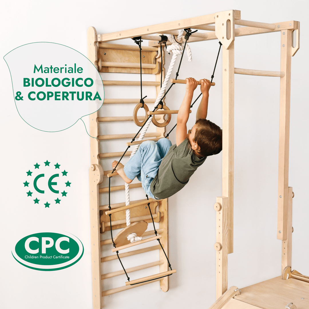 Set da Gioco nella Giungla per Bambini 7in1: Spalliere Svedesi + Strutture per Arrampicata + Set Altalena + Tappetino + Rampa - Goodevas IT