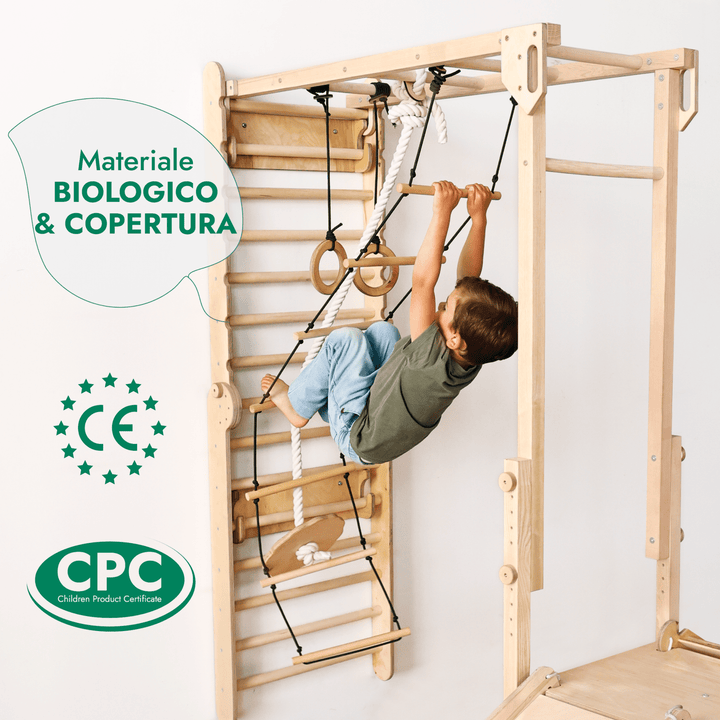 Set da Gioco nella Giungla per Bambini 7in1: Spalliere Svedesi + Strutture per Arrampicata + Set Altalena + Tappetino + Rampa - Goodevas IT