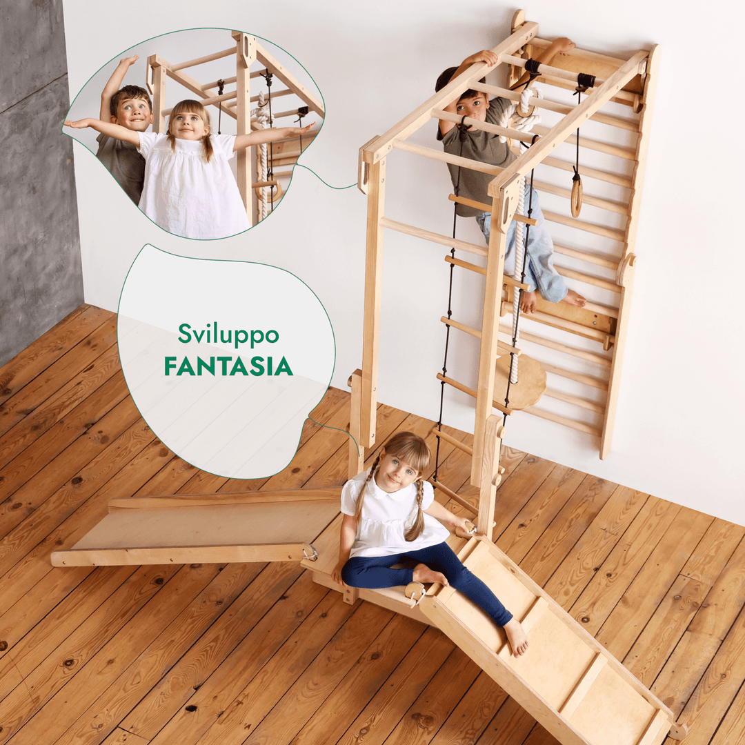 Set da Gioco nella Giungla per Bambini 7in1: Spalliere Svedesi + Strutture per Arrampicata + Set Altalena + Tappetino + Rampa - Goodevas IT