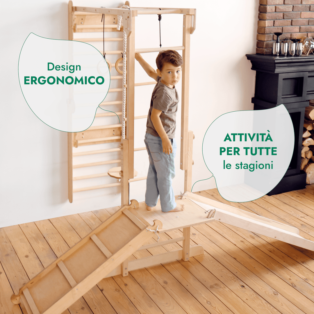 Set da Gioco nella Giungla per Bambini 7in1: Spalliere Svedesi + Strutture per Arrampicata + Set Altalena + Tappetino + Rampa - Goodevas IT