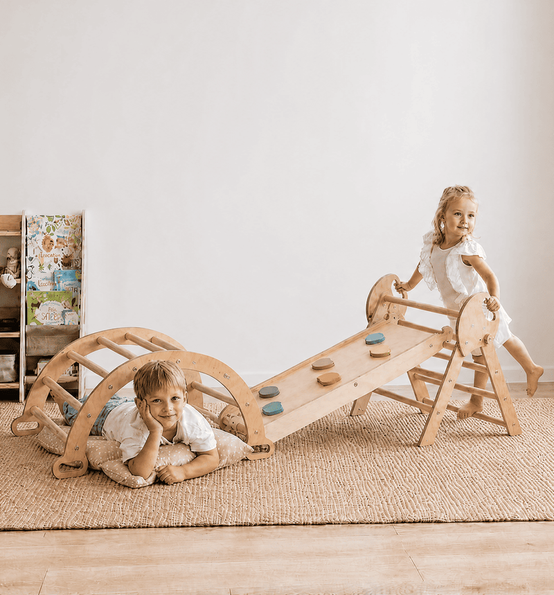 Set 5in1 Montessori per arrampicata: Triangolo di Pikler, Arco, Tavola scivolo e Cuscino – per bambini da 1 a 3 anni - Pastello