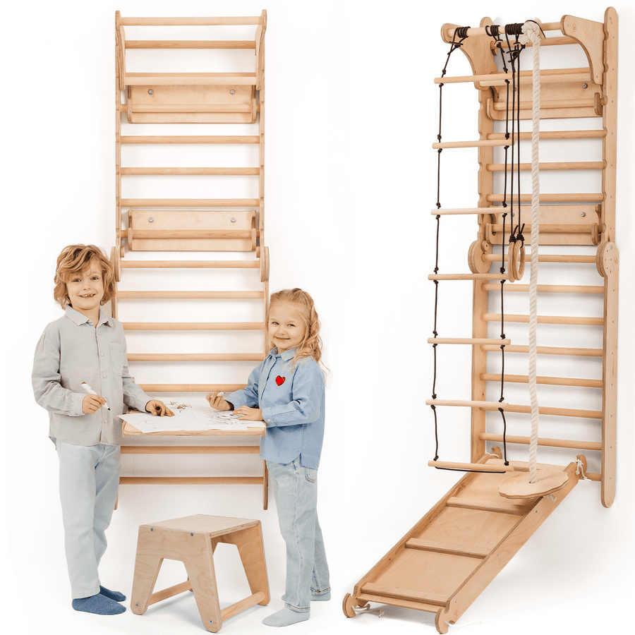 Spalliera Svedese / Scala Rampicante per Bambini + Set Dondolo + Tappetino Scivolo + Complemento Artistico - Goodevas IT