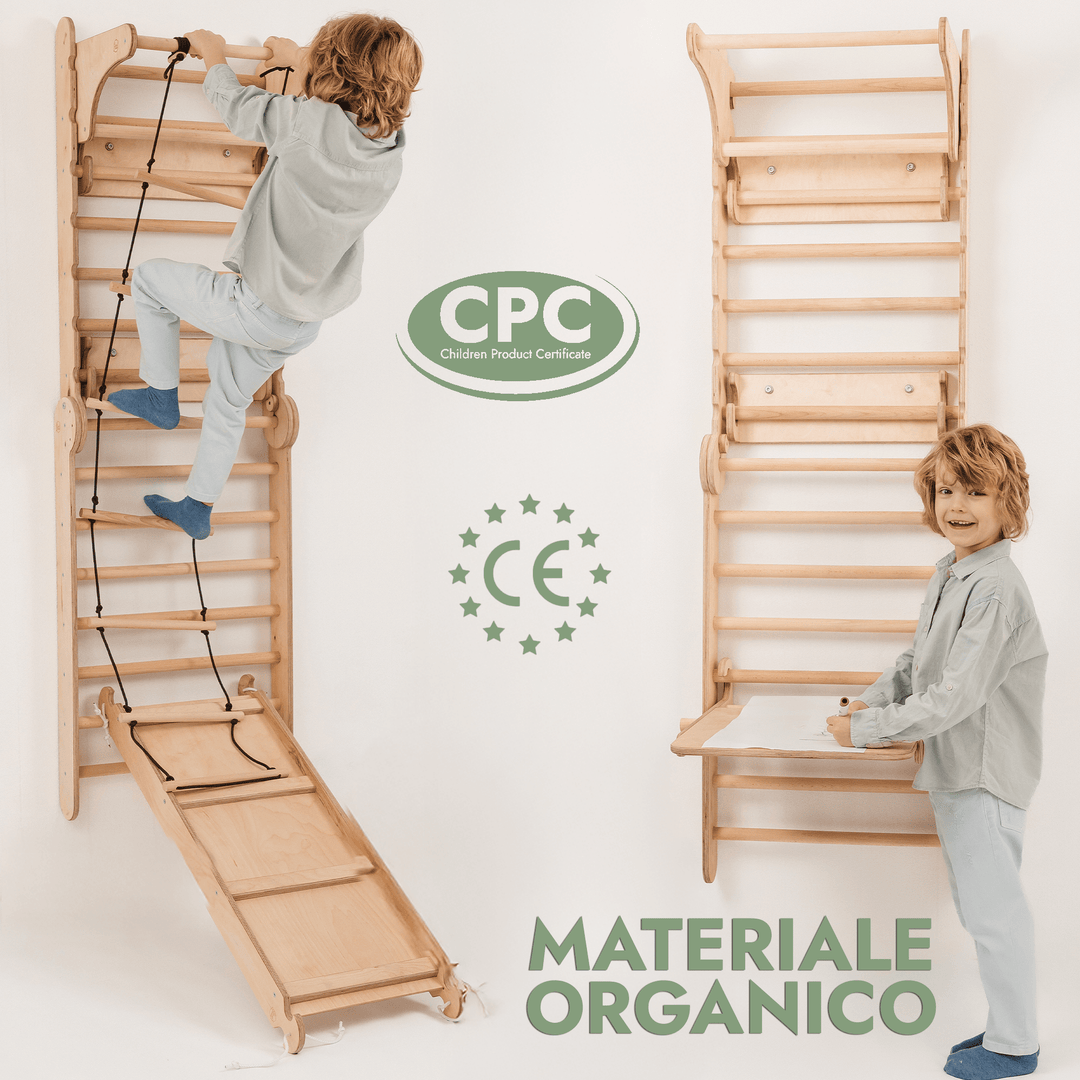 Spalliera Svedese / Scala Rampicante per Bambini + Set Dondolo + Tappetino Scivolo + Complemento Artistico - Goodevas IT