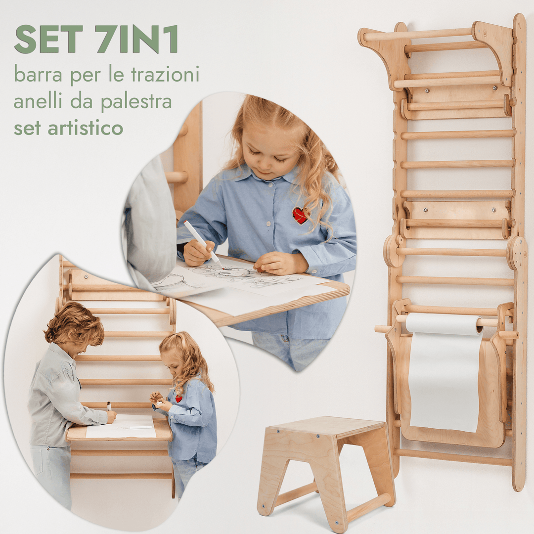 Spalliera Svedese / Scala Rampicante per Bambini + Set Dondolo + Tappetino Scivolo + Complemento Artistico - Goodevas IT