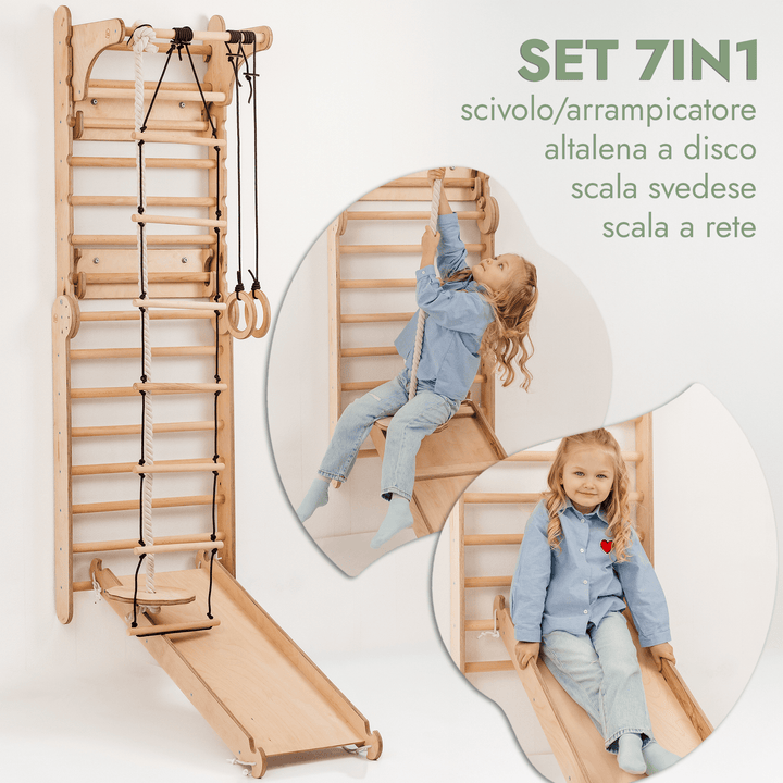Spalliera Svedese / Scala Rampicante per Bambini + Set Dondolo + Tappetino Scivolo + Complemento Artistico - Goodevas IT