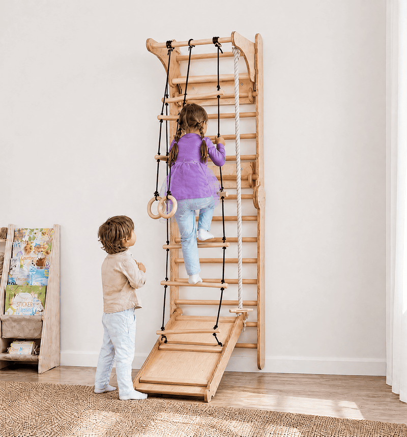 Spalliera Svedese / Scala Rampicante per Bambini + Set Dondolo + Tappetino Scivolo + Complemento Artistico