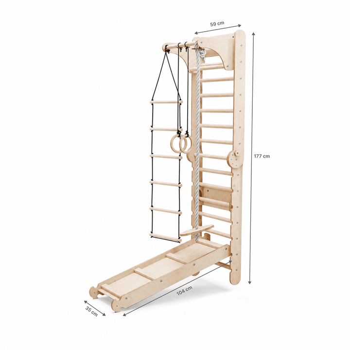 Spalliera Svedese / Scala Rampicante per Bambini + Set Dondolo + Tappetino Scivolo + Complemento Artistico